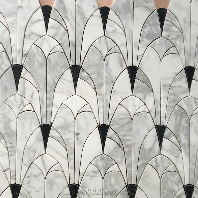 Arabescato White Marble Water Jet Mosaic Arched Pattern Tile