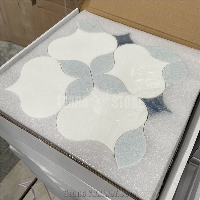 Blue Marble Thassos White Flower Design Waterjet Mosaic Tile