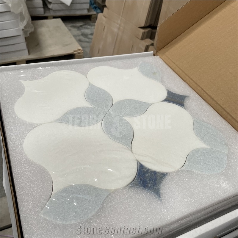 Blue Marble Thassos White Flower Design Waterjet Mosaic Tile