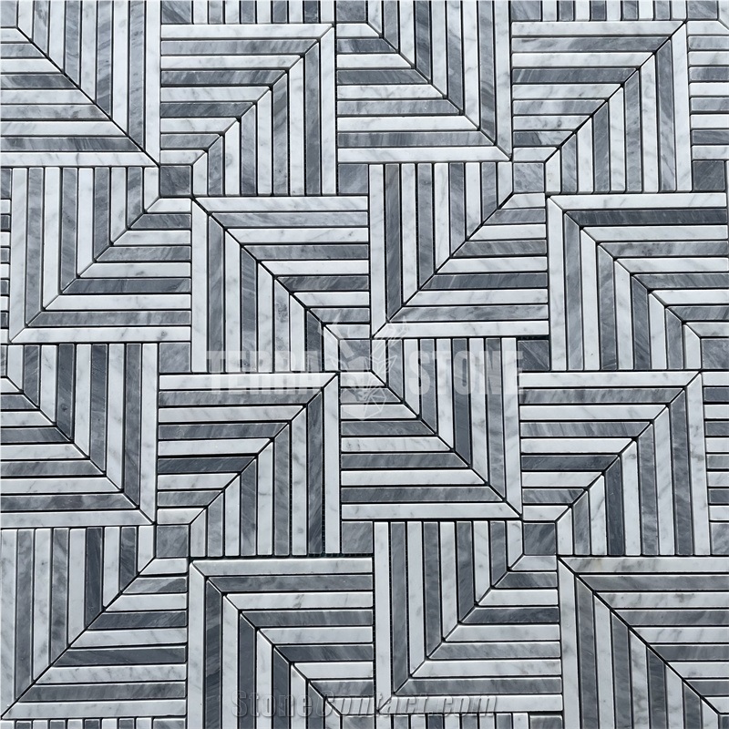 Carrara White Bardiglio Gray Marble Pinwheel Mosaic Tile