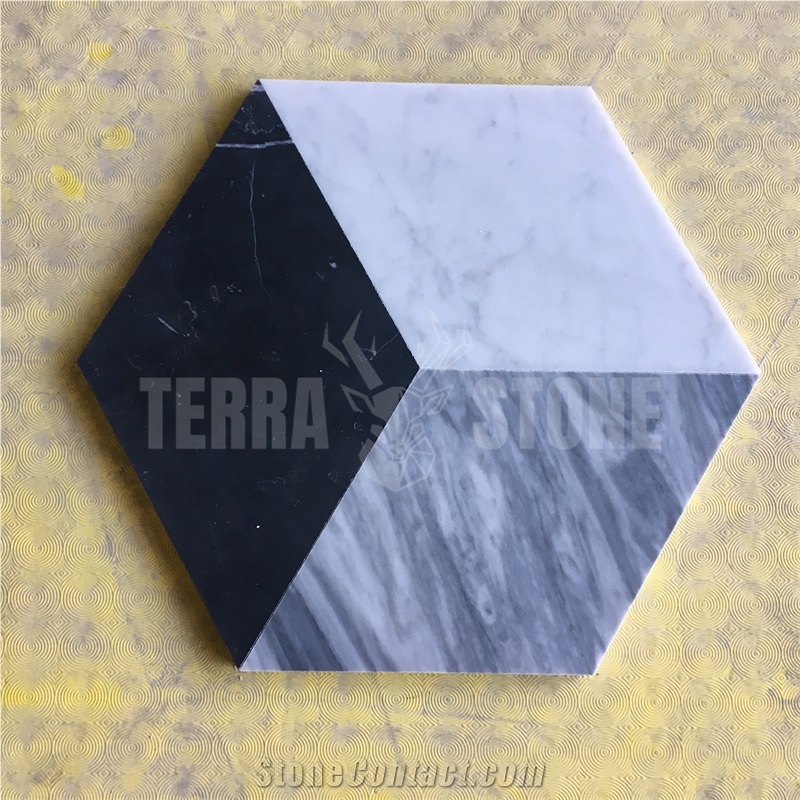 Carrara White Grey Black Marble Mixed Mosaic Rhombus Tile