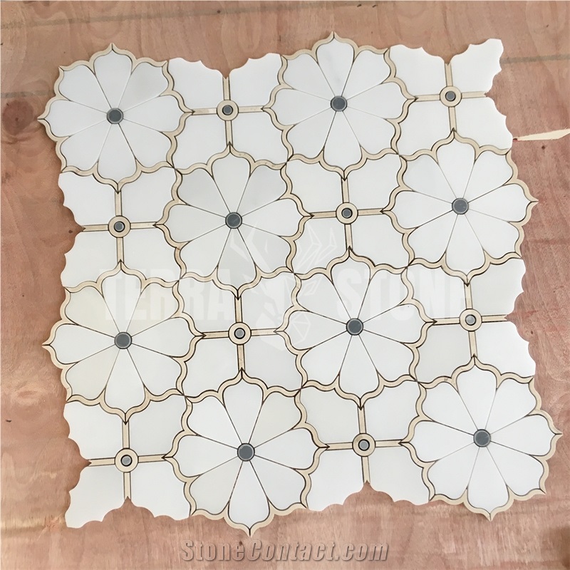 Crema Marfil Waterjet Marble Floral Mosaic White Onyx Tile