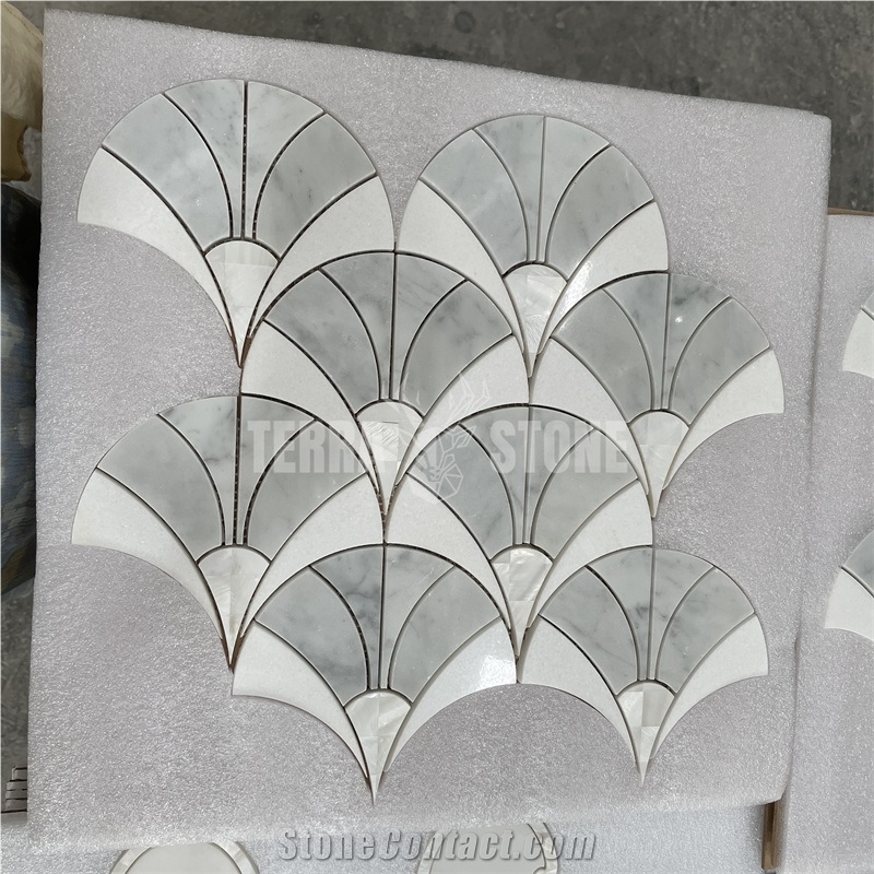 Fish Scale White And Black Marble Mosaic Waterjet Tile