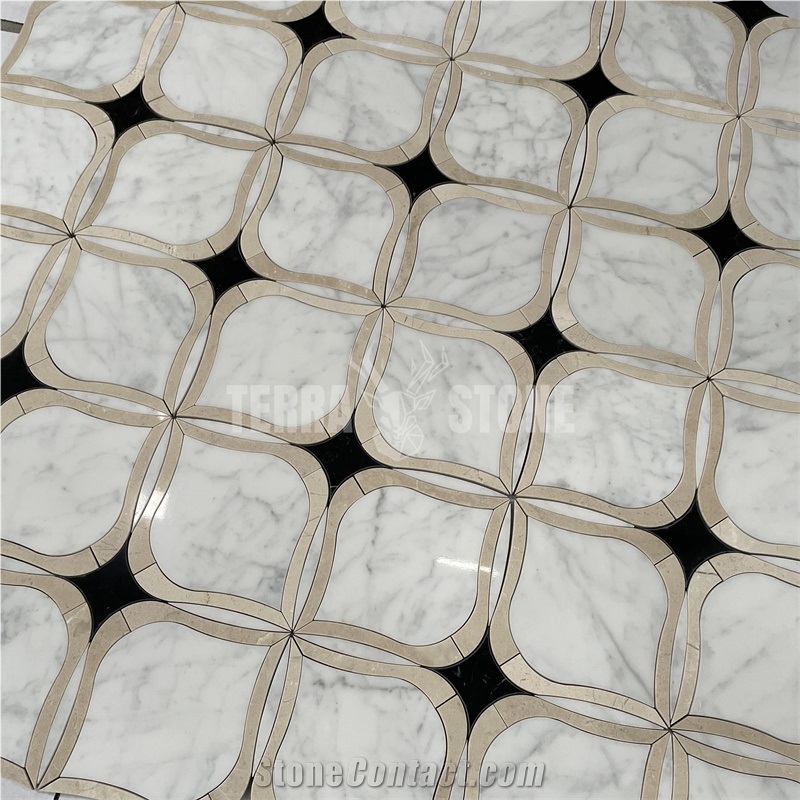 Statuario White Marble Crema Marfil Water Jet Kitchen Mosaic