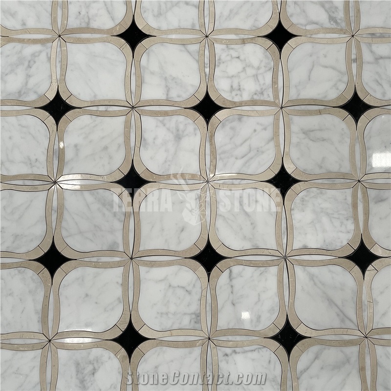 Statuario White Marble Crema Marfil Water Jet Kitchen Mosaic