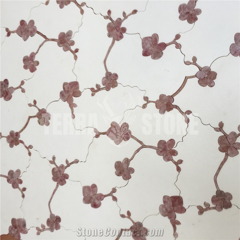 Thassos White Marble Pink Onyx Flower Waterjet Mosaic Tile