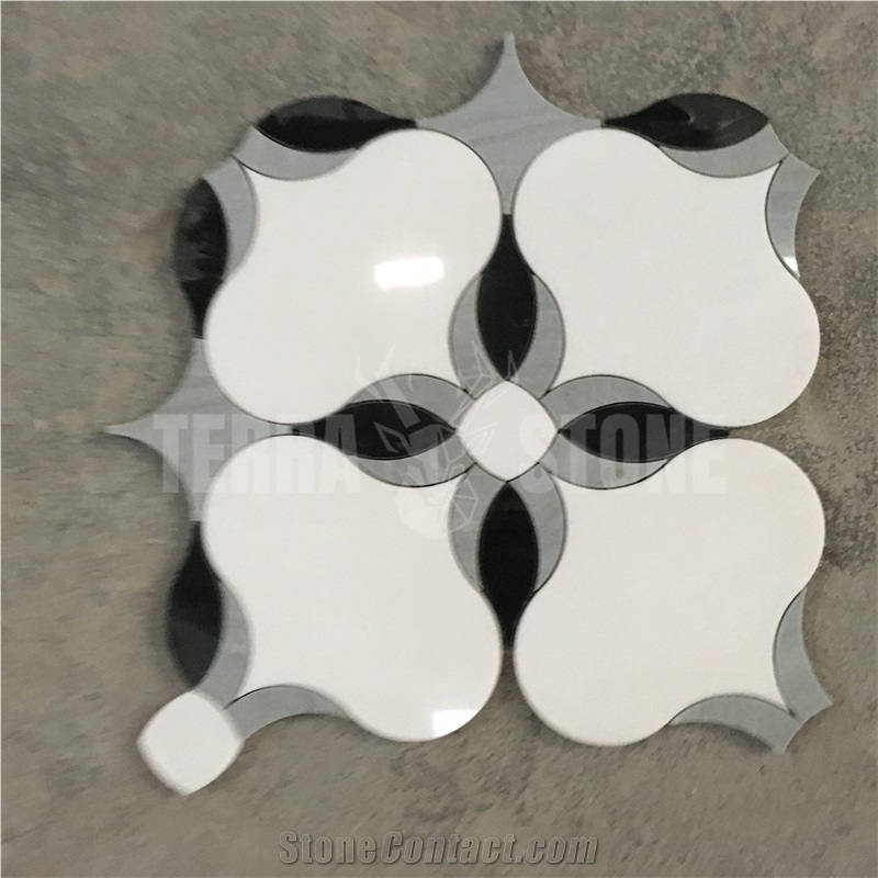 White Thassos Flower Mosaic Design Water Jet Chipped Mosaics