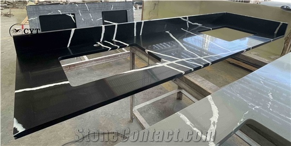 30Mm Black Artificial Quartz Stone Prefab Kitchen Countertop