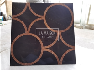 Black Marble Inlay Wood Waterjet Medallion For Interior