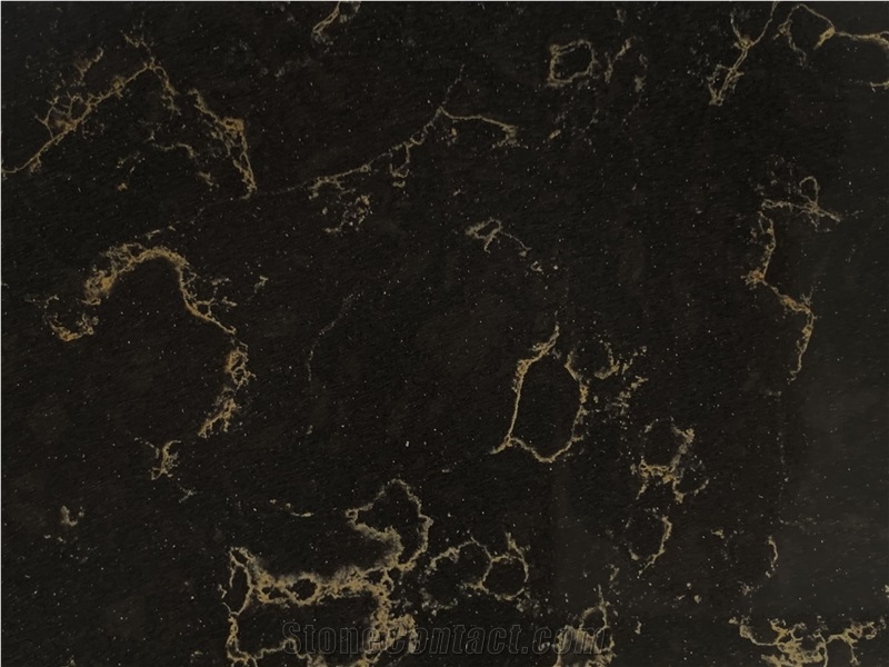 Vietnam Carrara Black Gold Veins Quartz Slabs VV1034