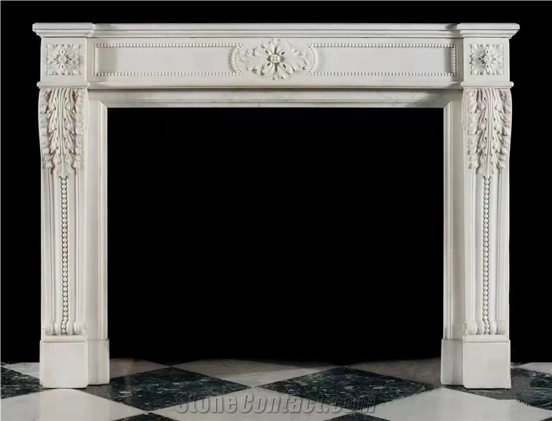 White Limestone Flower Hand Carved Fireplace Mantel