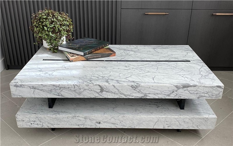 Italian Statuarietto Marble With Marquina Inlay Coffee Table