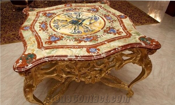 Multi Brown Onyx With Inlay Mosaic And Brass Coffee Table