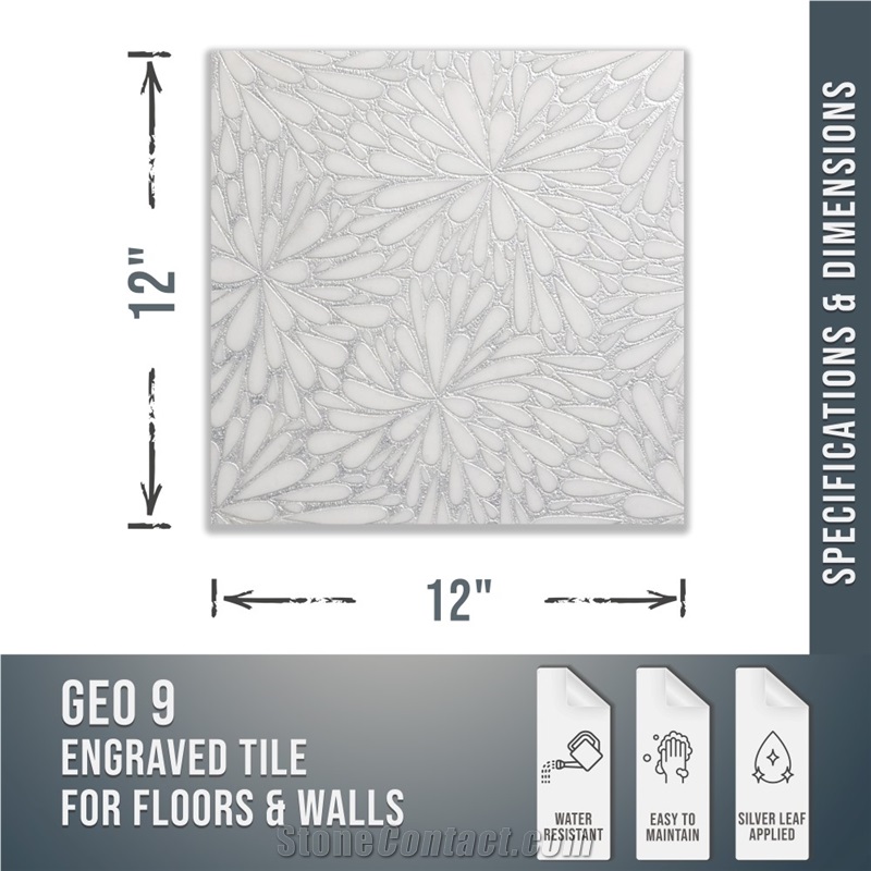 GEO 9 Engraved Tile, Glacier White , Silver Leaf Applied