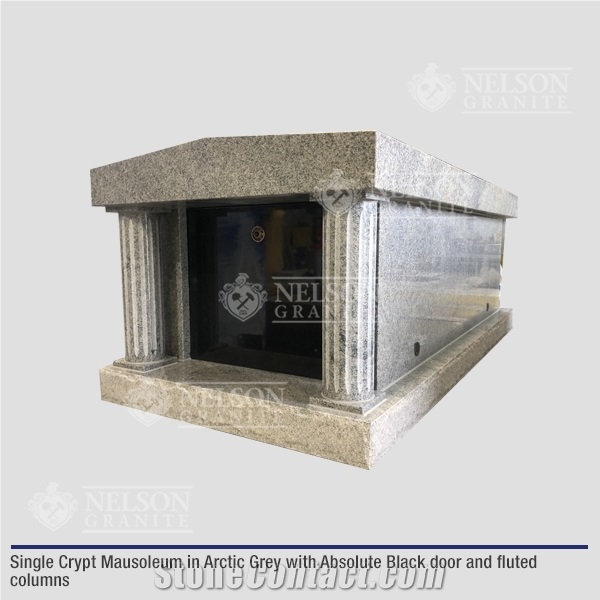 Single Crypt Mausoleum In Arctic Grey Granite With Absolute Black Doors And Fluted Columns