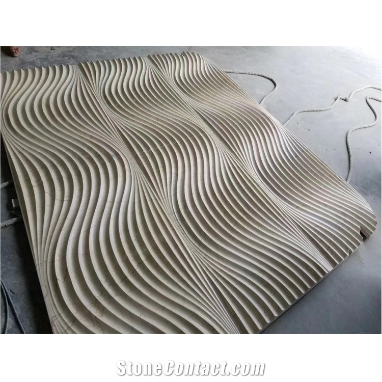 Beige Marble Ocean Wave Carved Decorative 3D Wall Relief