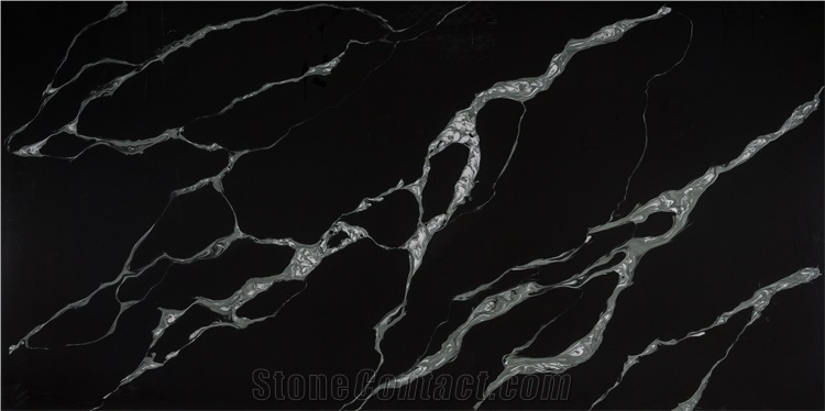 Artificial Black Quartz Slab Solid Surface Stone With White