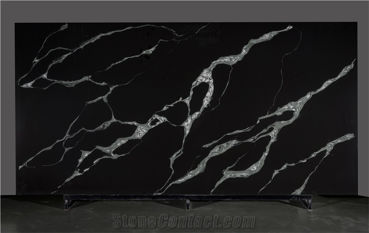 Artificial Black Quartz Slab Solid Surface Stone With White