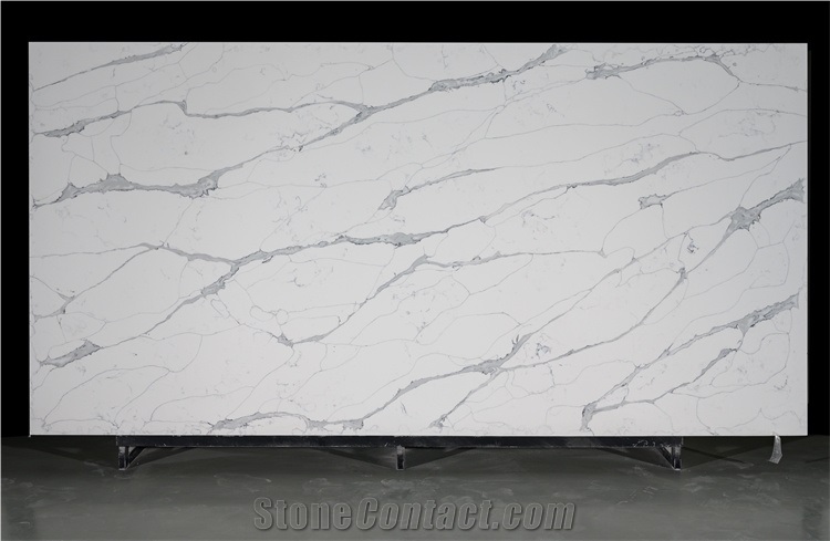 Big Slab Quartz Stone White Background Grey Veins
