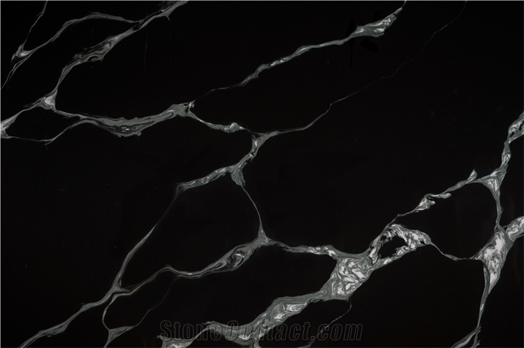 Black Quartz Slab With White Veins Popular Color