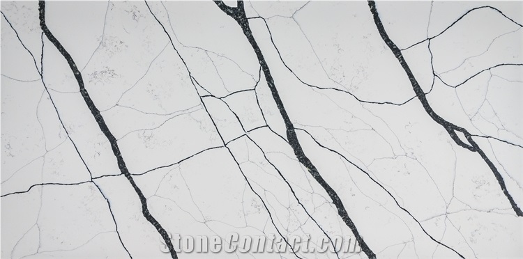 Polished Black Veins White Background Quartz Slab Stone