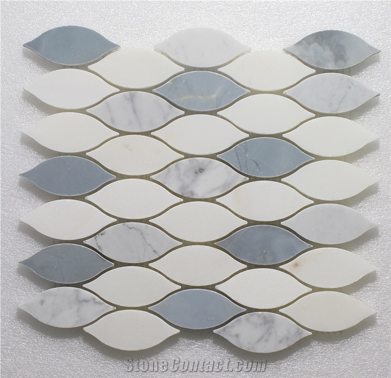Elongated Teardrop-Pure White Carrara Blue Marble Mosaic