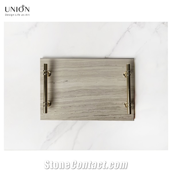 UNION DECO Real Marble Tray With Golden Handle