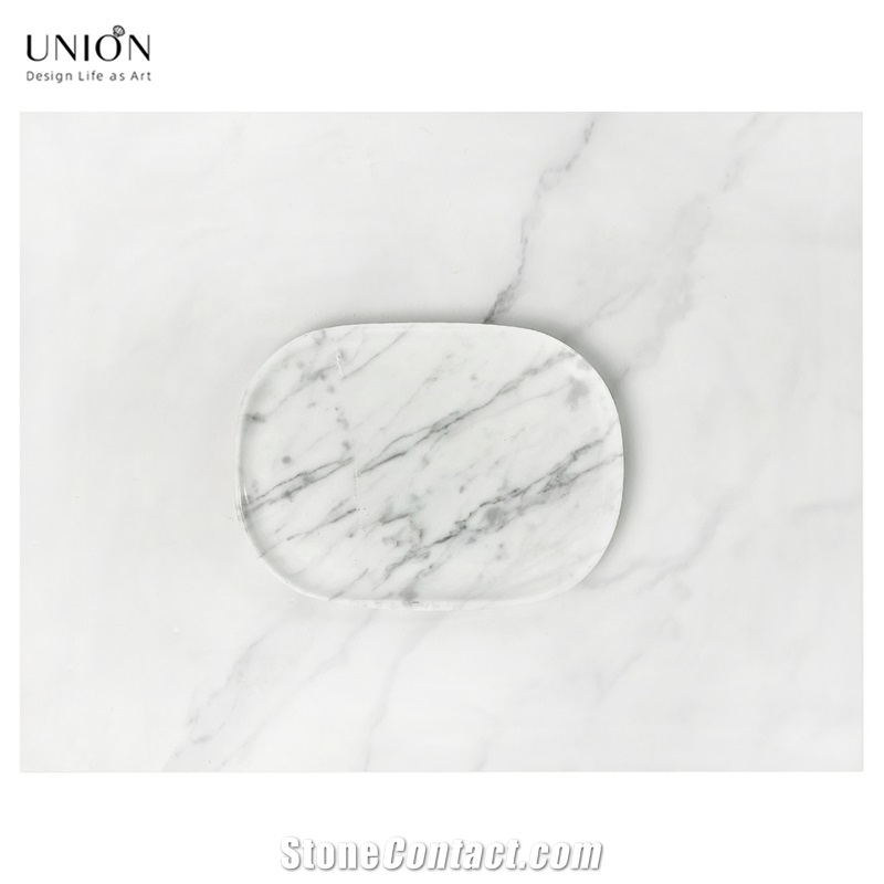UNION DECO White Oval Marble Vanity Tray Cosmetic Organizer