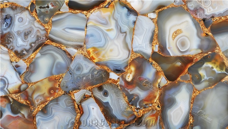Agate Rubane With Gold Semiprecious Stone Panels