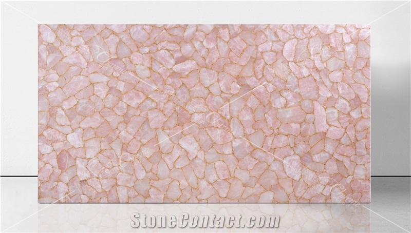 Quartz Pink With Gold Semiprecious Stone Panels