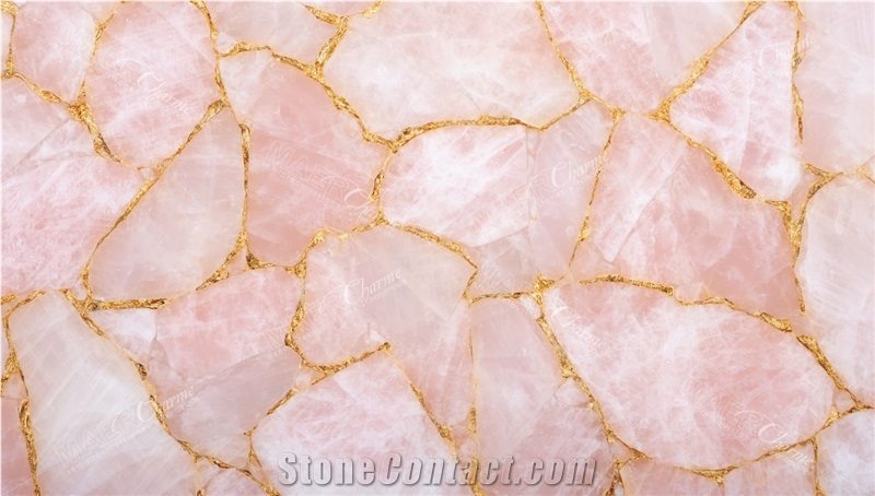 Quartz Pink With Gold Semiprecious Stone Panels
