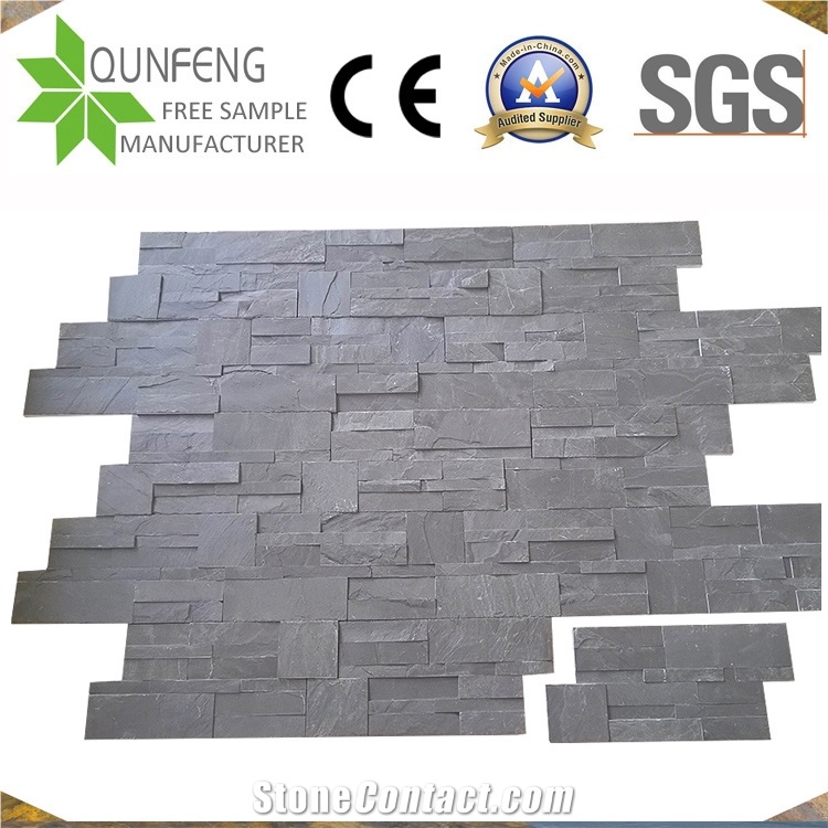 China Natural Black Split Slate Stacked Stone Wall