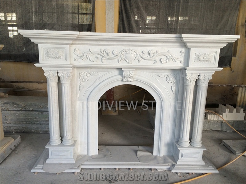 Interior White Stone Fireplace Handcarved Manmade