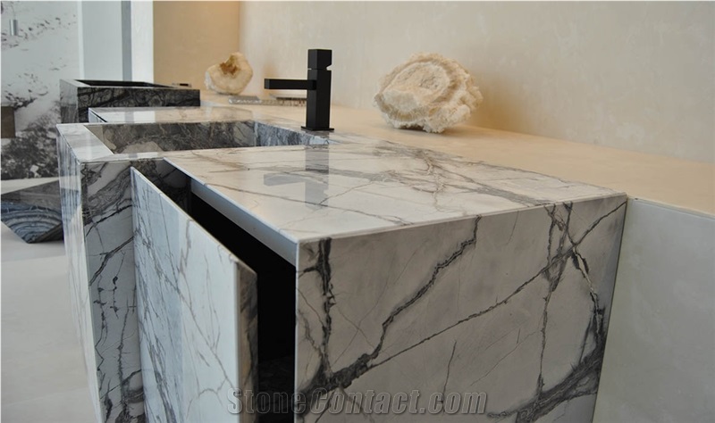 INVISIBLE WHITE MARBLE Stone Vanity With Stone Cabinet Door