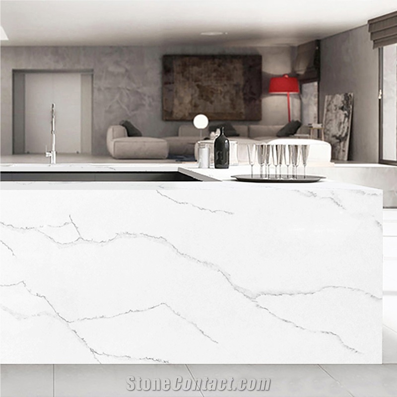 Calacatta Quartz White Slabs With Wave Veins Kitchen from China