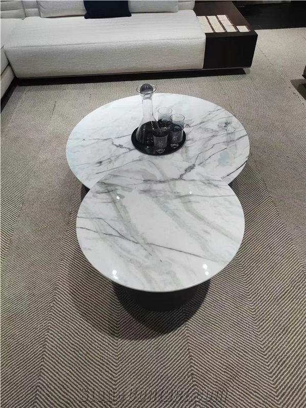China White Marble Green Vein Round Cafe Table Tops