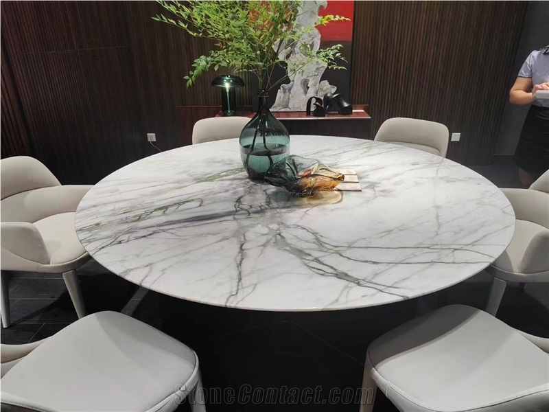 China White Marble Green Vein Round Cafe Table Tops