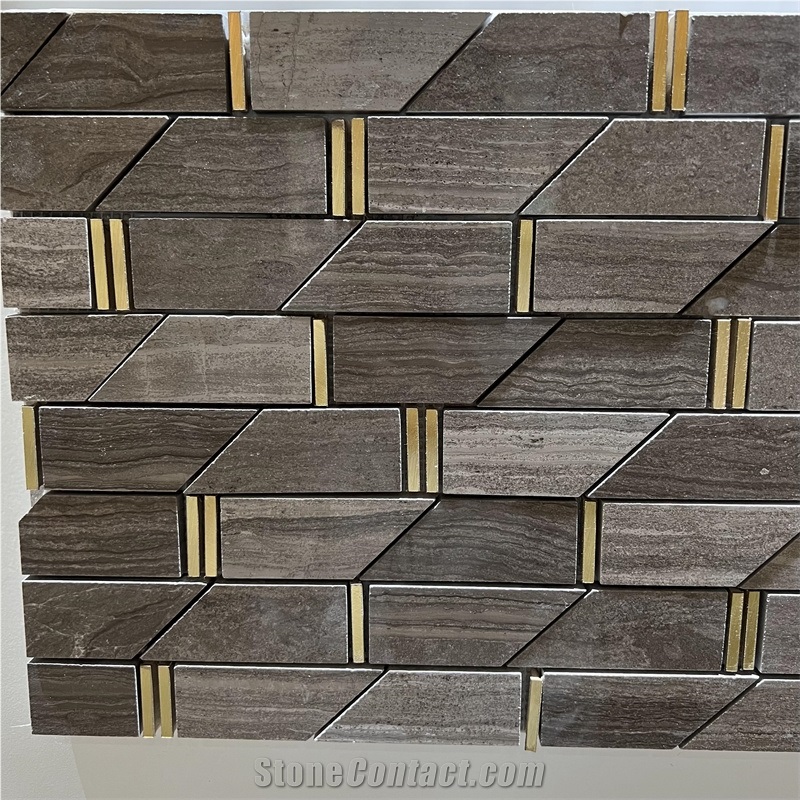 New Design Wooden Grey Marble Inlay Brass Mosaic Tiles