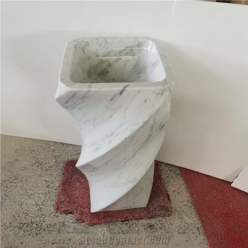 Carved Stone Pedestal Wash Basin Marble Carrara Square Sink