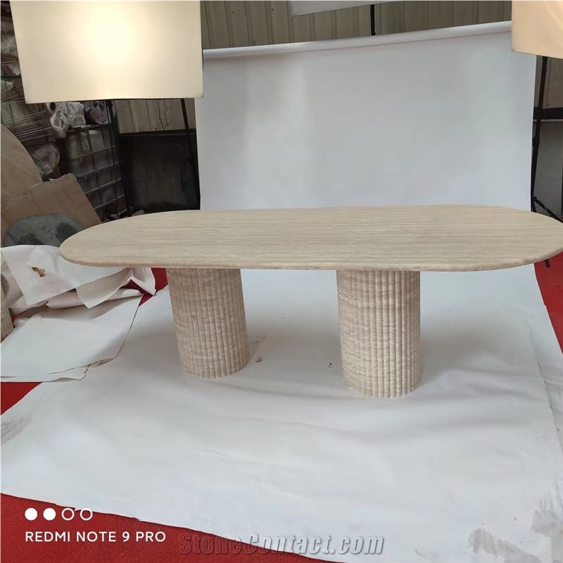 Cava Fluted Oval Beige Travertine Romano Hotel Dining Table