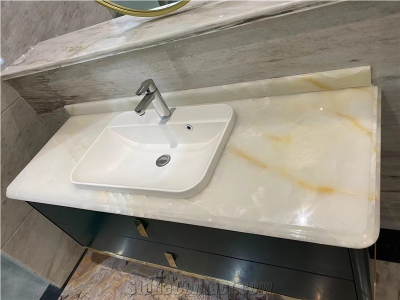 Prefab Backlit White Crystallo Quartzite Bathroom Vanity Top
