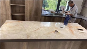 Prefab Backlit White Onyx Kitchen Island Counter Top
