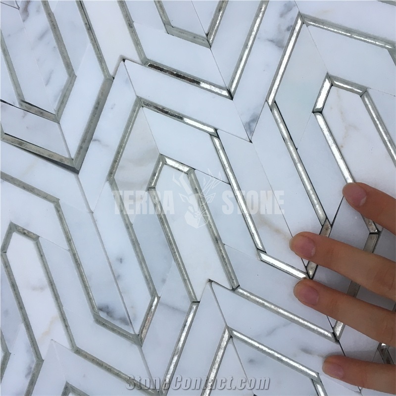 Antique Mirror Glass Mix Marble Waterjet Mosaic