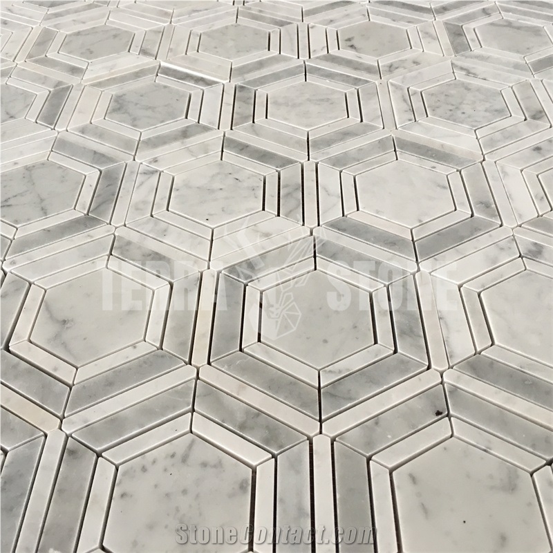 Bianco Carrara White Marble Big Hexagon Mosaic Bathroom Tile