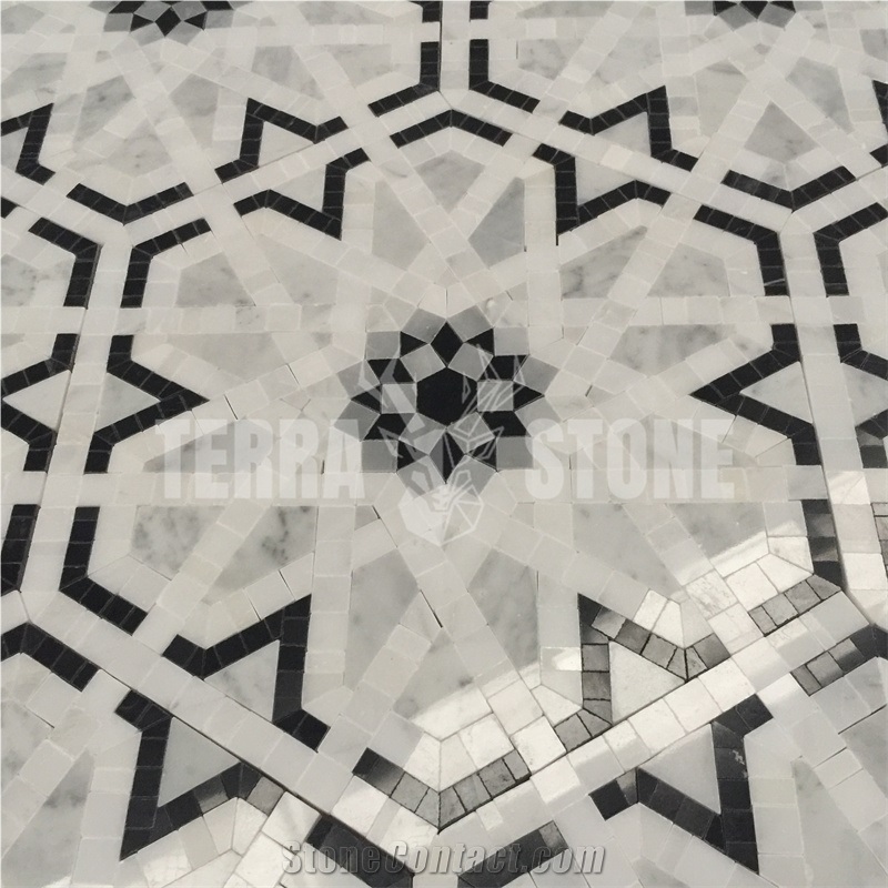 Black White Carrara Marble Flower Waterjet Chipped Mosaic