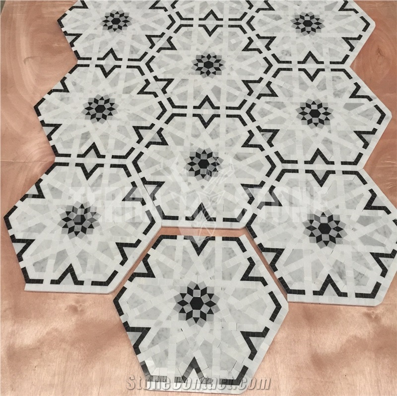 Black White Carrara Marble Flower Waterjet Chipped Mosaic