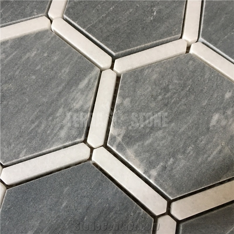 Blue Sands Marble And Thassos White Mosaic Bathroom Tile