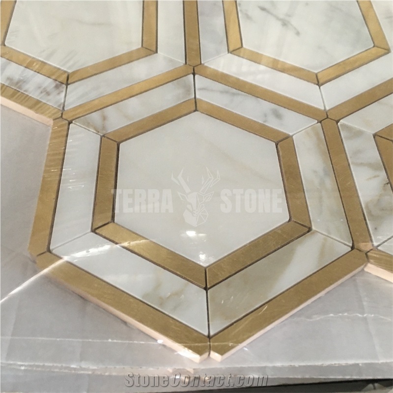 Calacatta Gold Hexagon Marble Mosaic Tile With Brass Inlay