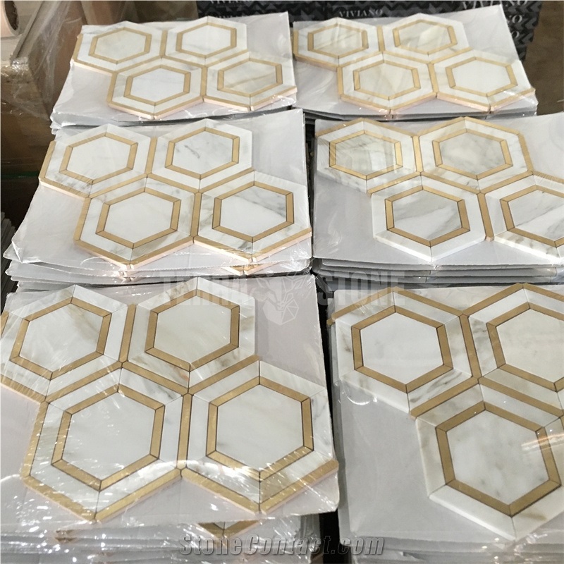 Calacatta Gold Hexagon Marble Mosaic Tile With Brass Inlay