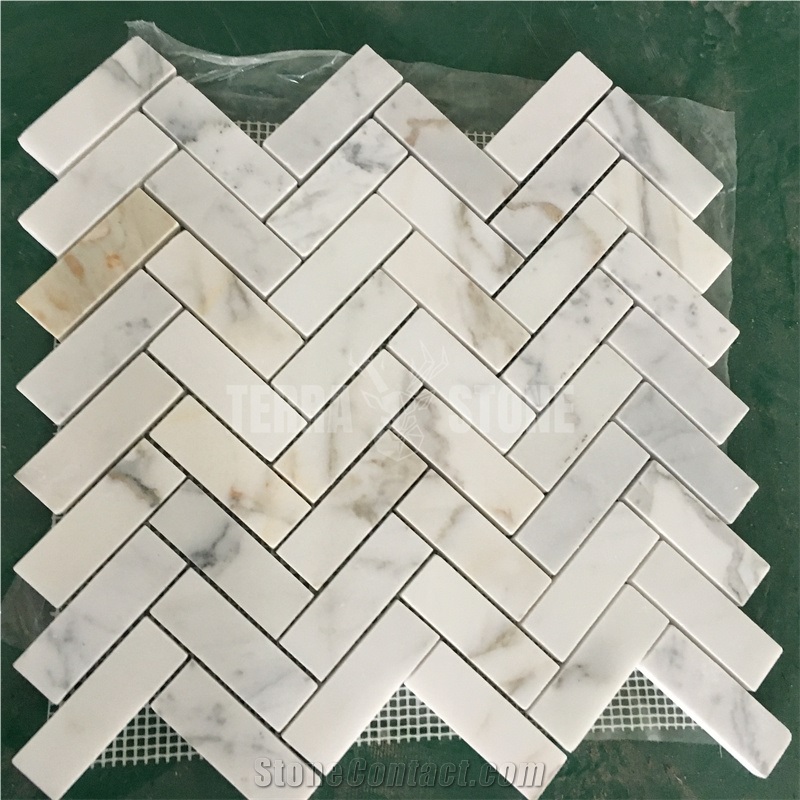 Calacatta Gold Marble Herringbone 1"X2" Mosaic Tiles